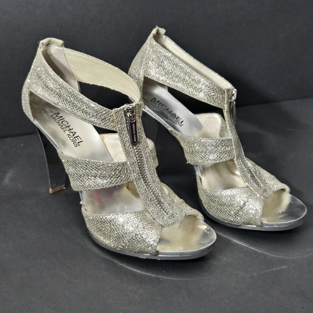 Michael Kors Women's Berkley Size 7.5 High‎ Heel Silver Glitter Zip Sandal Shoes